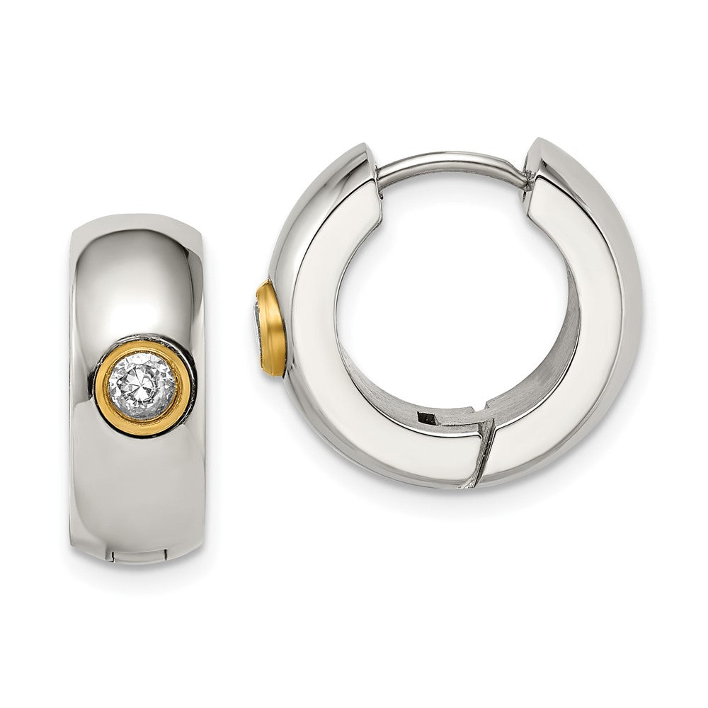 Stainless Steel Chisel Polished Yellow Ip-Plated With Cz 7mm Hinged Hoop Earrings