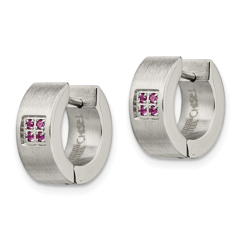 Stainless Steel Chisel Brushed And Polished With Pink Cz 5mm Hinged Hoop Earrings
