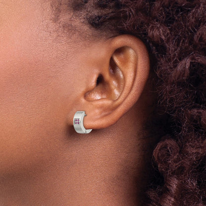 Stainless Steel Chisel Brushed And Polished With Pink Cz 5mm Hinged Hoop Earrings