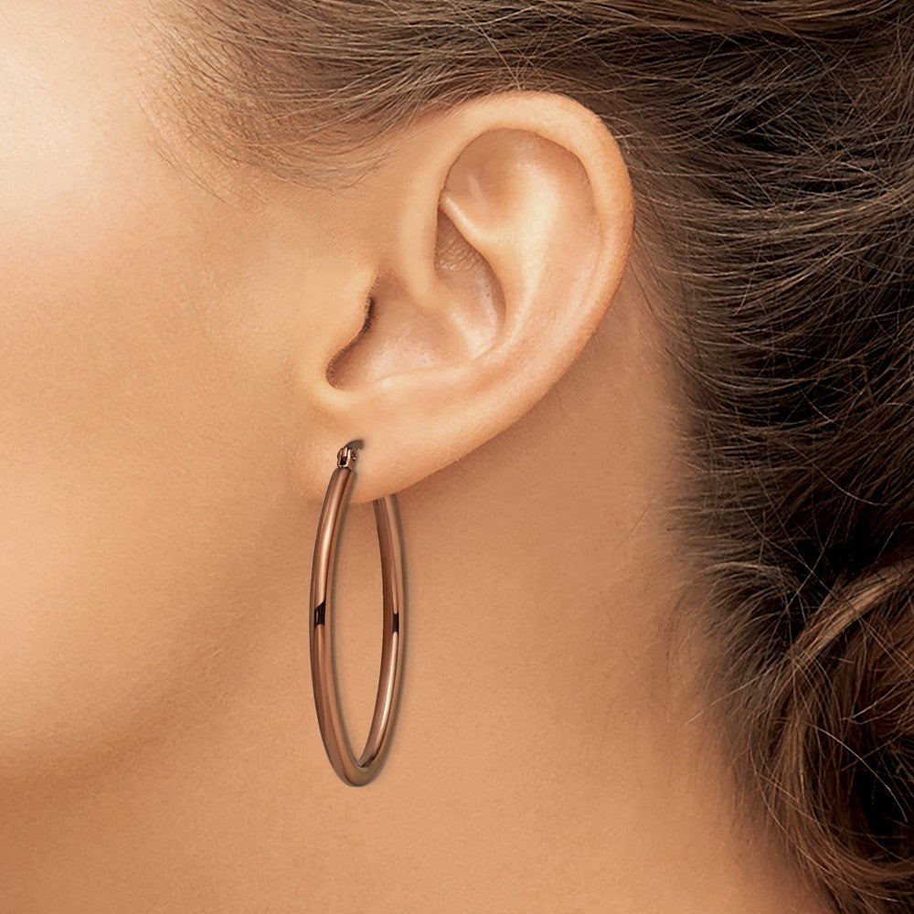 Stainless Steel Chisel Polished Brown Ip-Plated 40mm Diameter 3mm Oval Hoop Earrings