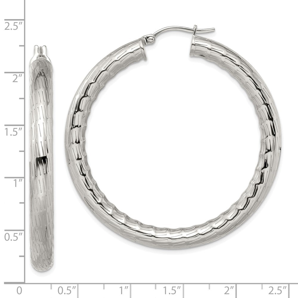 Stainless Steel Chisel Polished And Textured Hollow Hoop Earrings