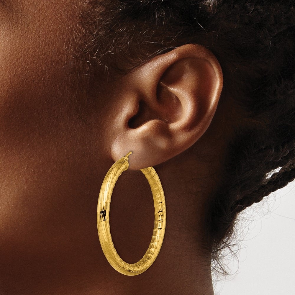 Stainless Steel Chisel Polished And Textured Yellow Ip-Plated Hoop Earrings
