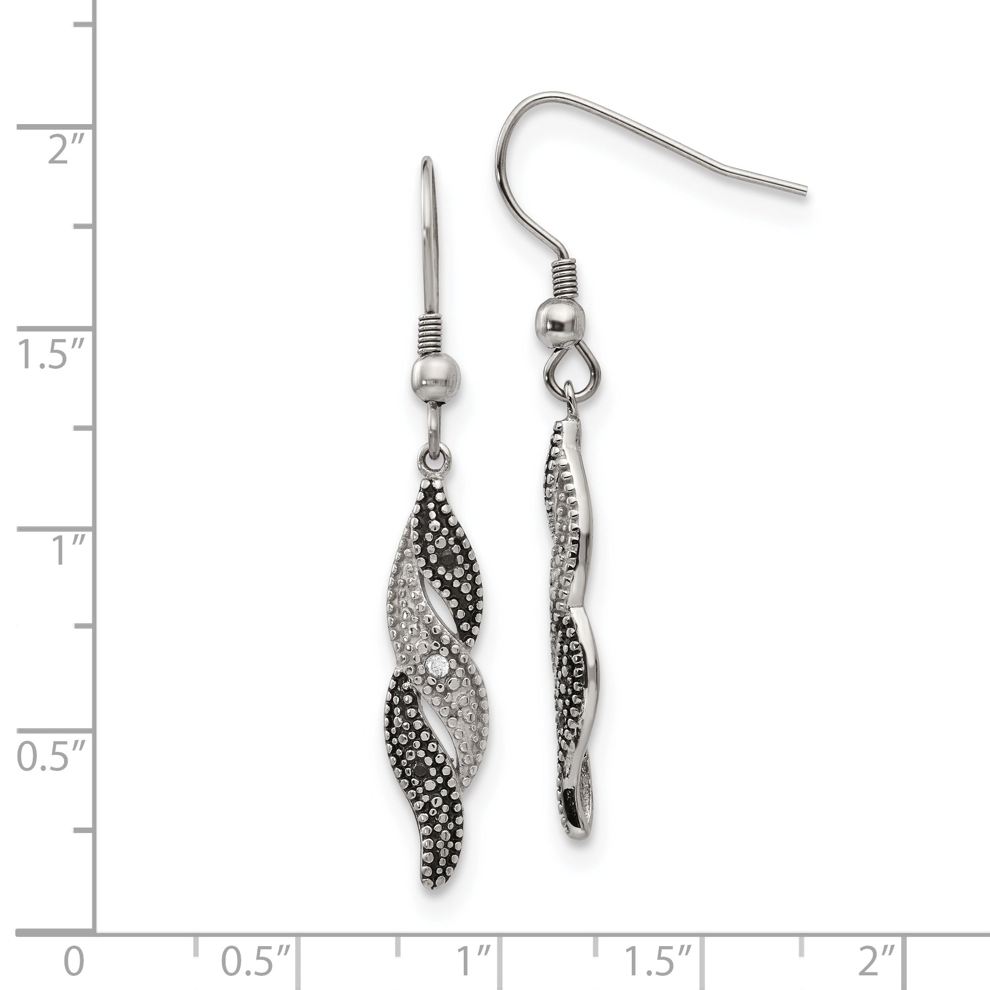 Stainless Steel Chisel Antiqued And Polished Cz Dangle Shepherd Hook Earrings
