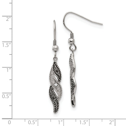 Stainless Steel Chisel Antiqued And Polished Cz Dangle Shepherd Hook Earrings