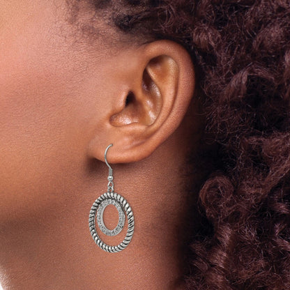 Stainless Steel Antiqued And Polished W/Cz Circle Dangle Earrings