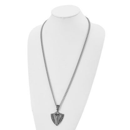 Stainless Steel Chisel Antiqued Polished And Textured Snake On Shield Pendant A 30 Inch Curb Chain Necklace