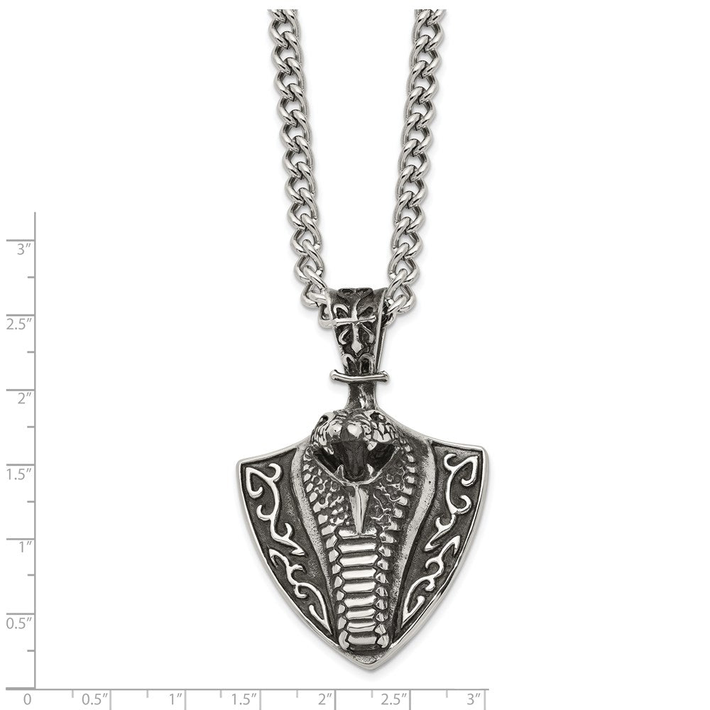 Stainless Steel Chisel Antiqued Polished And Textured Snake On Shield Pendant A 30 Inch Curb Chain Necklace