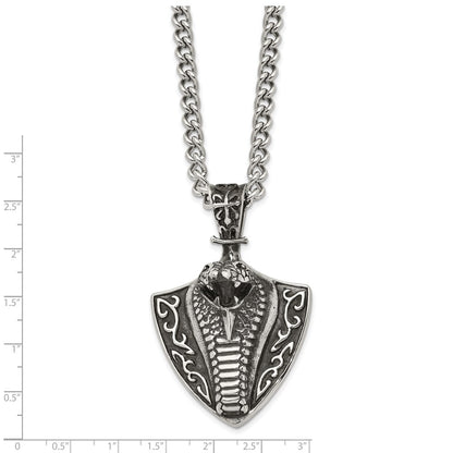 Stainless Steel Chisel Antiqued Polished And Textured Snake On Shield Pendant A 30 Inch Curb Chain Necklace