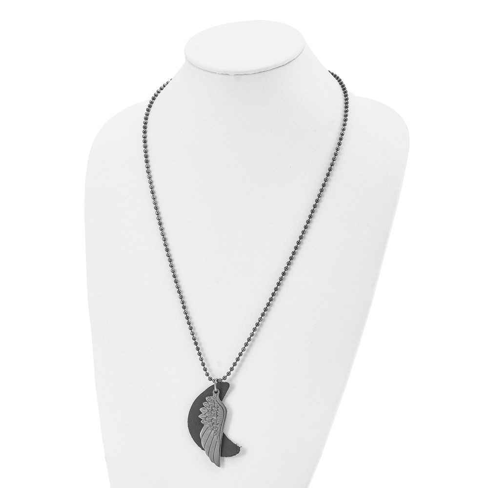 Stainless Steel Brushed Wing W/Leather Moon Black Ip 26.5In Necklace