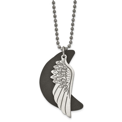 Stainless Steel Brushed Wing W/Leather Moon Black Ip 26.5In Necklace