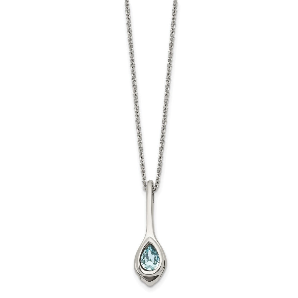 Stainless Steel Chisel Polished Blue Glass Teardrop Pendant On A 17.75 Inch Cable Chain With 2 Extension Necklace