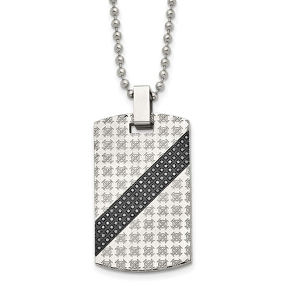 Stainless Steel Chisel Polished With 1/2 Carat Black Diamond Dog Tag On A 24 Inch Ball Chain Necklace