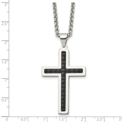 Stainless Steel Chisel Polished And Textured Black Leather Inlay Cross Pendant On A 20 Inch Rolo Chain Necklace