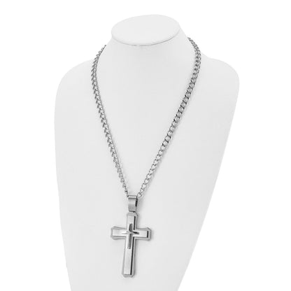 Stainless Steel Chisel Brushed And Polished Large Cross Pendant On A 24 Inch Curb Chain Necklace