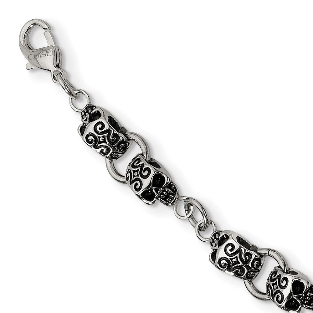 Stainless Steel Chisel Antiqued And Polished Skull 24 Inch Necklace