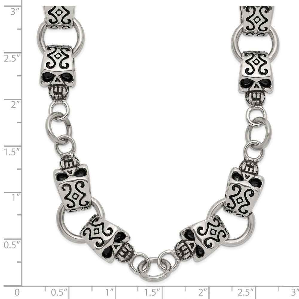 Stainless Steel Chisel Antiqued And Polished Skull 24 Inch Necklace