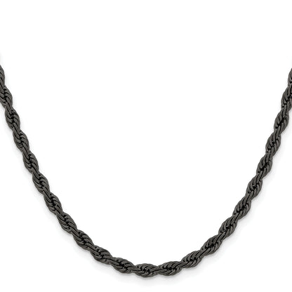 Stainless Steel Chisel Polished Black Ip-Plated 4mm Rope Chain Necklace