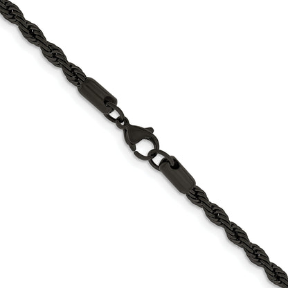 Stainless Steel Chisel Polished Black Ip-Plated 4mm Rope Chain Necklace