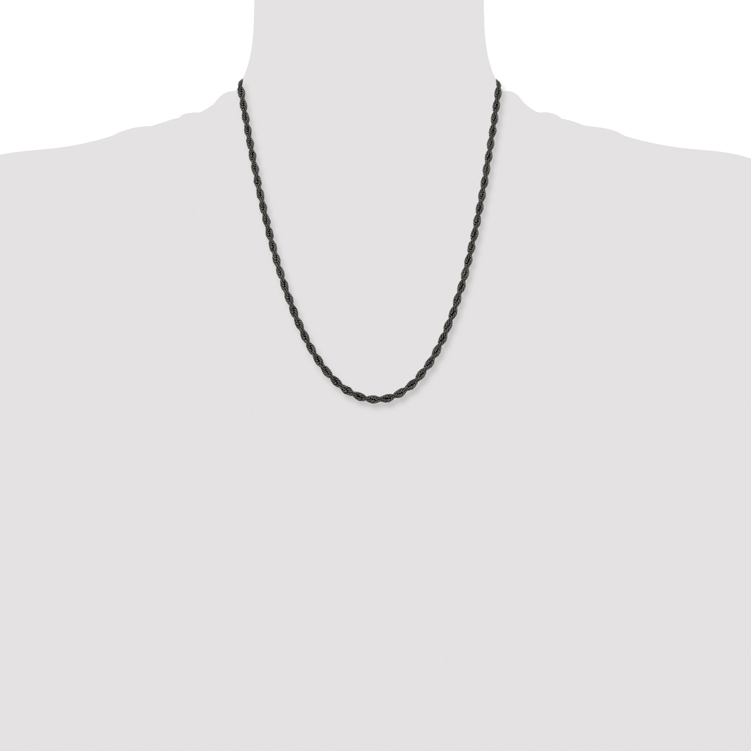 Stainless Steel Chisel Polished Black Ip-Plated 4mm Rope Chain Necklace
