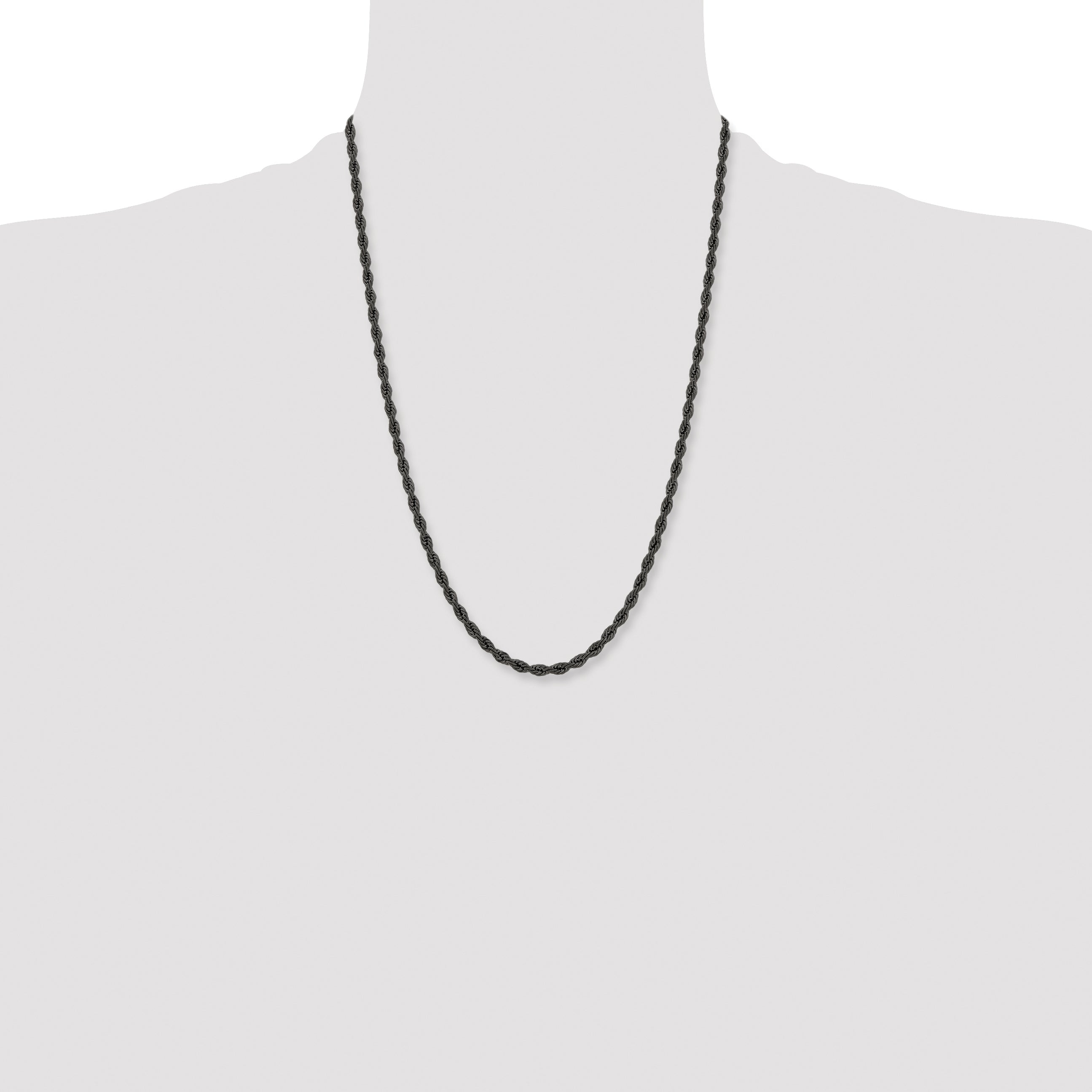 Stainless Steel Chisel Polished Black Ip-Plated 4mm 24 Inch Rope Chain Necklace