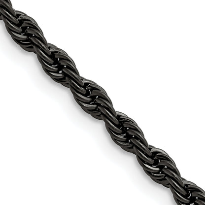 Stainless Steel Chisel Polished Black Ip-Plated 4mm Rope Chain Necklace