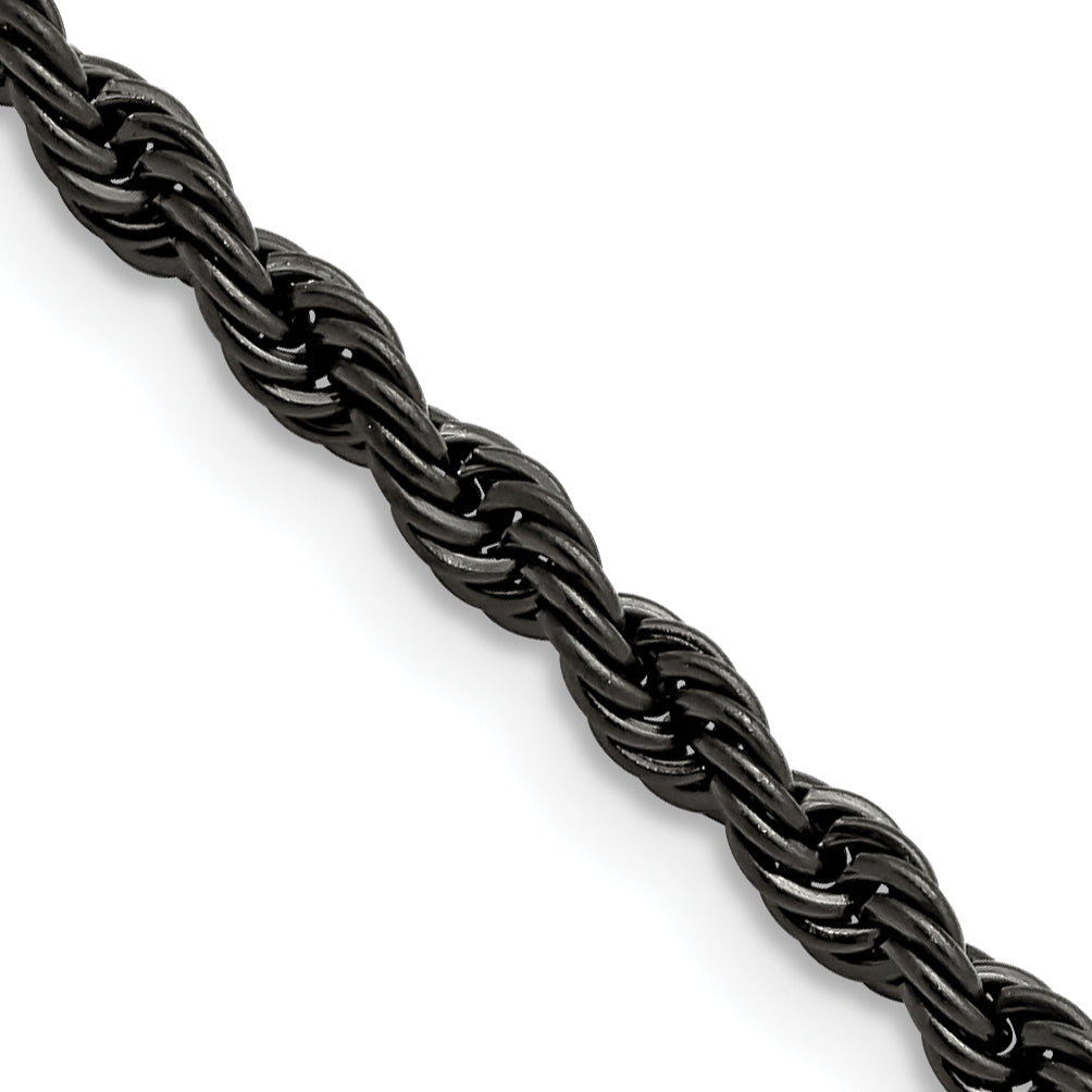 Stainless Steel Chisel Polished Black Ip-Plated 4mm 24 Inch Rope Chain Necklace