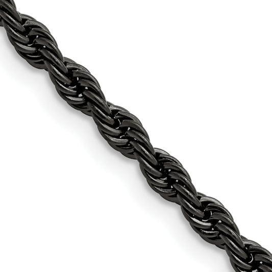 Stainless Steel Chisel Polished Black Ip-Plated 4mm 24 Inch Rope Chain Necklace