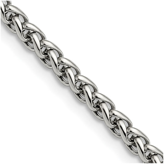 Stainless Steel Chisel Polished 4mm 24 Inch Wheat Chain Necklace