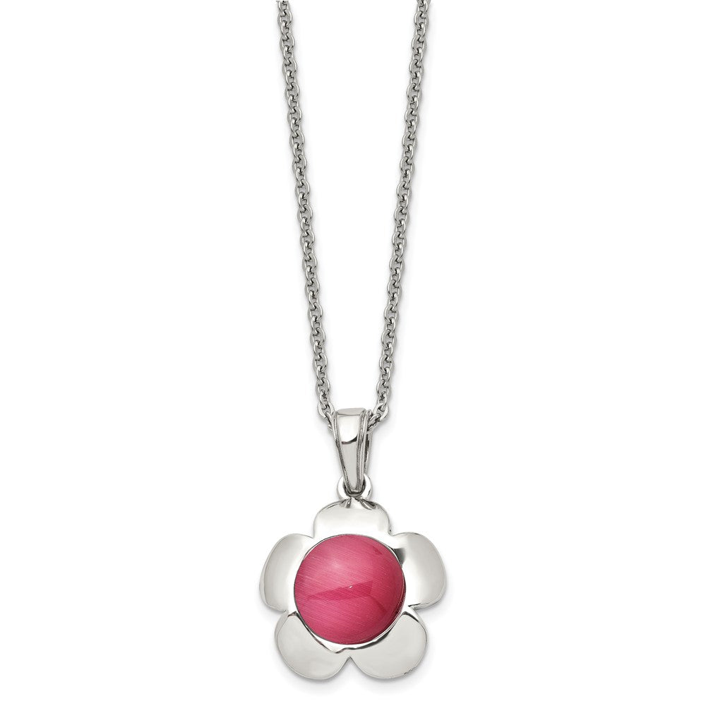 Stainless Steel Chisel Polished Flower With Pink Cat'S Eye Pendant On An 18 Inch Cable Chain Necklace