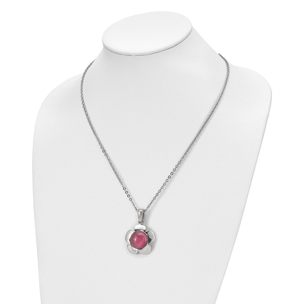 Stainless Steel Chisel Polished Flower With Pink Cat'S Eye Pendant On An 18 Inch Cable Chain Necklace