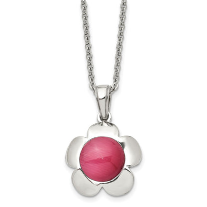 Stainless Steel Chisel Polished Flower With Pink Cat'S Eye Pendant On An 18 Inch Cable Chain Necklace