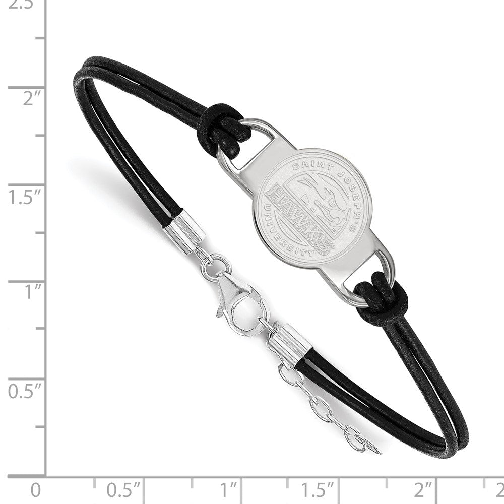 Sterling Silver Rhodium Plated Logoart Saint Joseph'S University Hawks Small Center Black Leather 7 Inch Bracelet With Extender