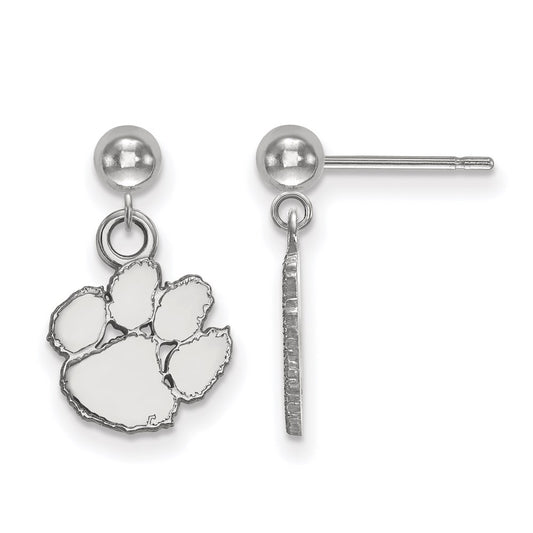 Sterling Silver Rhodium Plated Logoart Clemson University Tiger Paw Dangle Ball Post Earrings