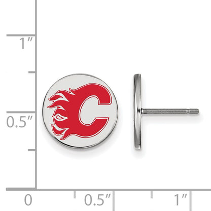 Sterling Silver Rhodium Plated Nhl Logoart Calgary Flames Small Enamel Disc Post Earrings