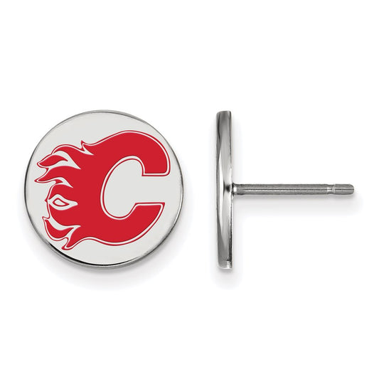 Sterling Silver Rhodium Plated Nhl Logoart Calgary Flames Small Enamel Disc Post Earrings