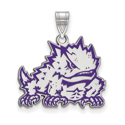 Sterling Silver Rhodium Plated Logoart Texas Christian University Horned Frog Large Enameled Pendant