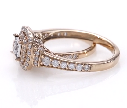 1 CT. T.W. Princess Cut Diamond Vintage Style Double Frame Engagement Bridal Set in 14K Rose Gold