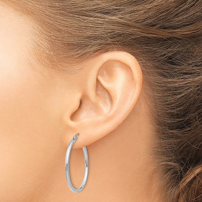 14K White Gold Polished 2X30mm Tube Hoop Earrings