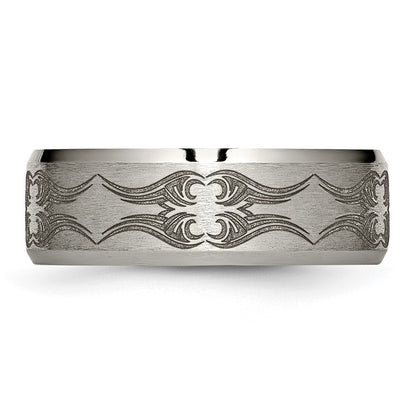 Titanium Brushed & Polished Laser Design 8mm Beveled Edge Band (Size 12.5 Only)
