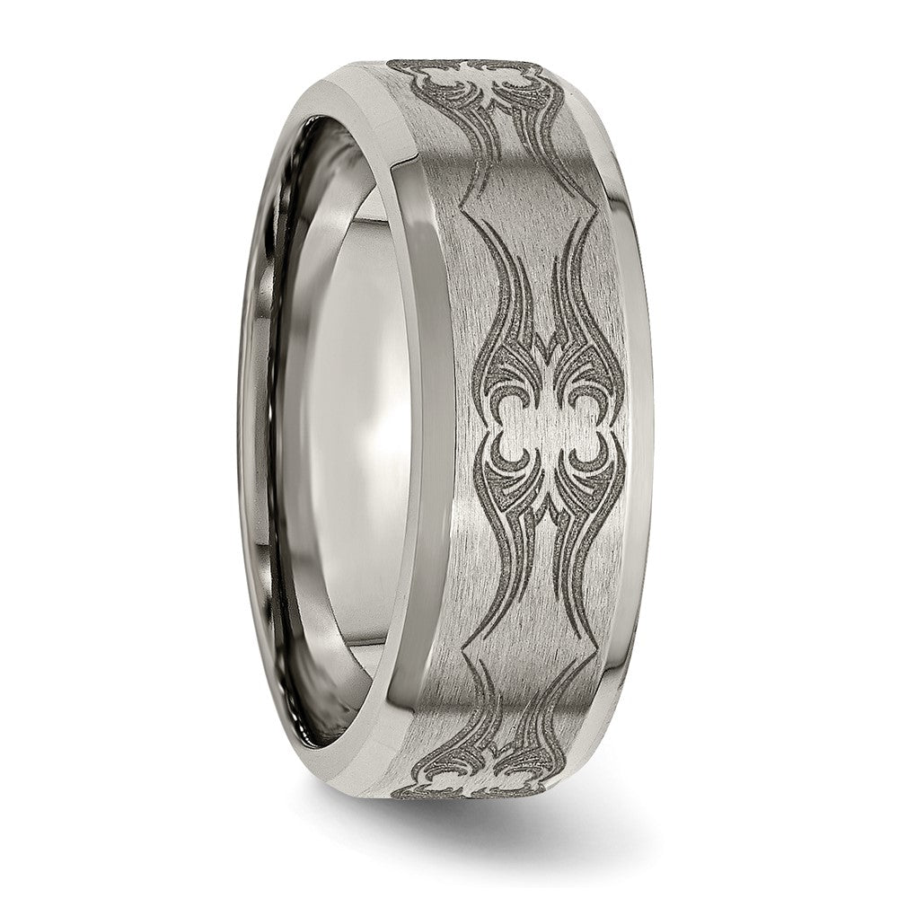 Titanium Brushed & Polished Laser Design 8mm Beveled Edge Band (Size 12.5 Only)