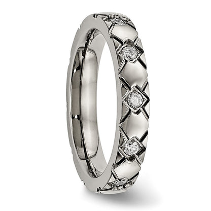 Titanium Polished With Cz Criss Cross 4mm Grooved Band