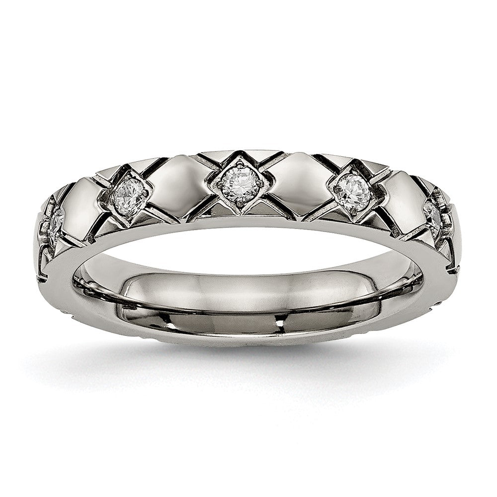 Titanium Polished With Cz Criss Cross 4mm Grooved Band