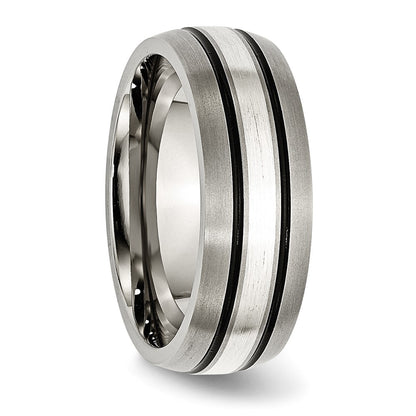 Titanium/Silver Two Tone Titanium Grooved Sterling Silver Inlay 8mm Brushed/Antiqued Band