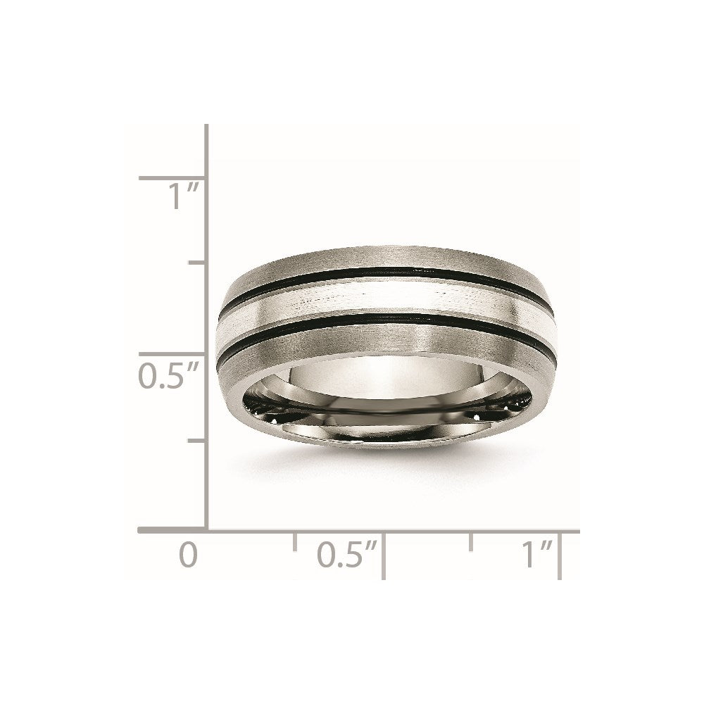 Titanium/Silver Two Tone Titanium Grooved Sterling Silver Inlay 8mm Brushed/Antiqued Band