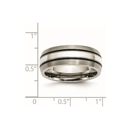 Titanium/Silver Two Tone Titanium Grooved Sterling Silver Inlay 8mm Brushed/Antiqued Band