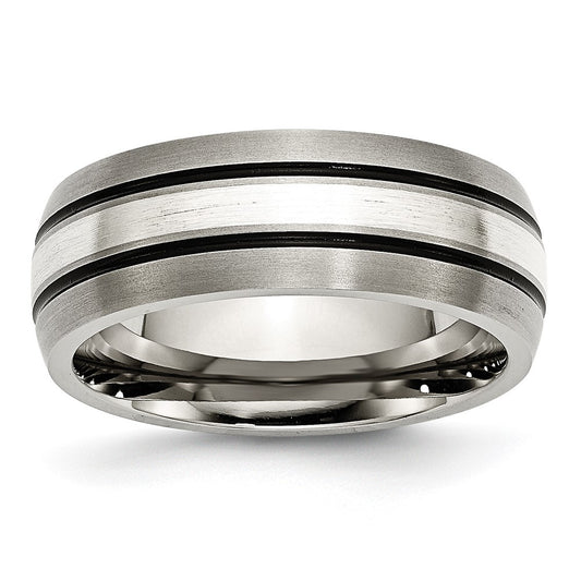 Titanium/Silver Two Tone Titanium Grooved Sterling Silver Inlay 8mm Brushed/Antiqued Band