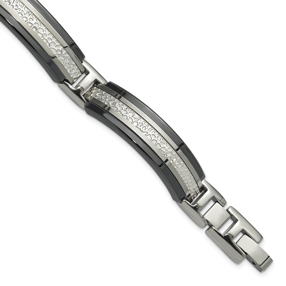 Titanium/Silver Two Tone Titanium Sterling Silver Black Ti Men'S Polished With Textured Center Link Bracelet