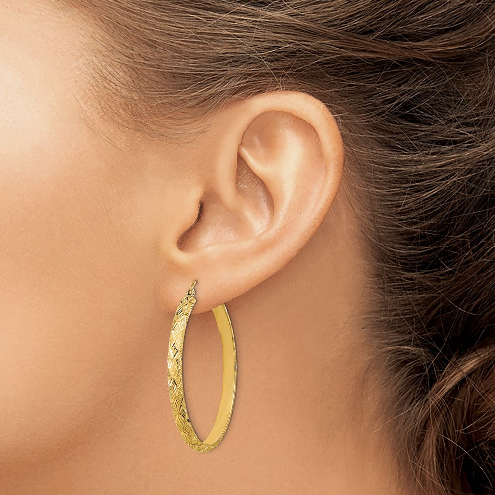14K Yellow Gold Polished And Textured Fancy Diamond Cut Hoop Earrings