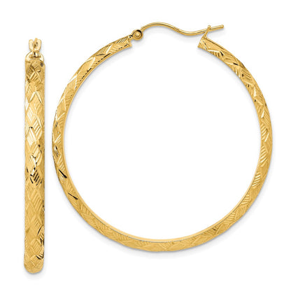 14K Yellow Gold Polished And Textured Fancy Diamond Cut Hoop Earrings