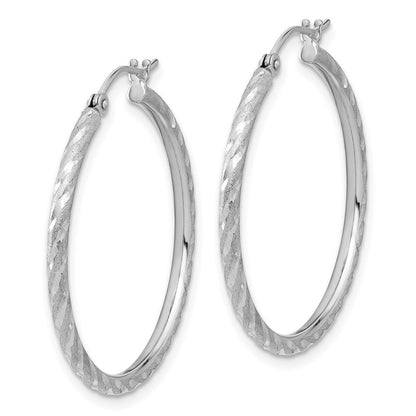 14K White Gold Polished and Satin D/c 2.00mm Hoop Earrings